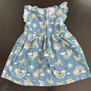 Ruffle Butts Blue Dress with Rainbow and Floral Design